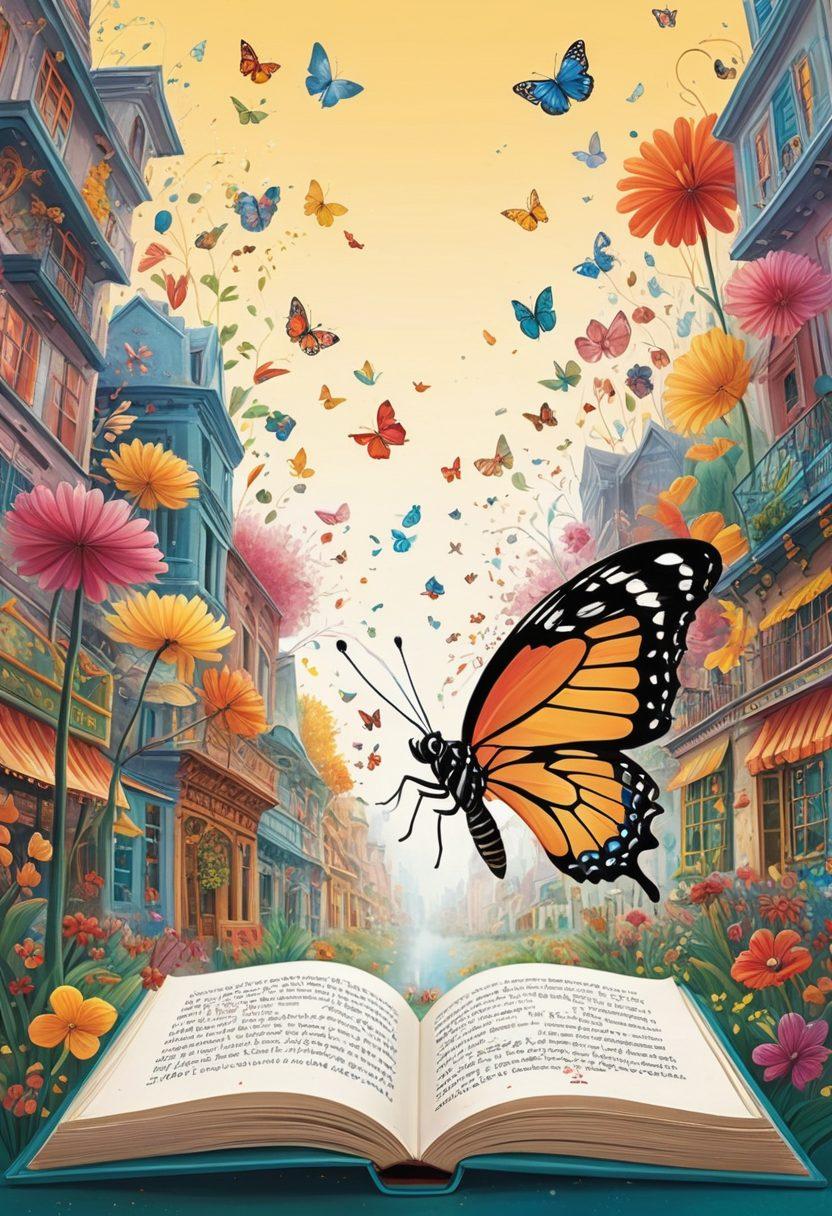 An open book with vibrant pages illustrating the journey from mundane to magical scenes, featuring colorful imagery symbolizing transformation—such as a caterpillar turning into a butterfly and a dull grey cityscape turning into a lively carnival. Floating words and phrases in different languages surround the scenes, representing descriptive language. soft pastel colors. whimsical illustration style.