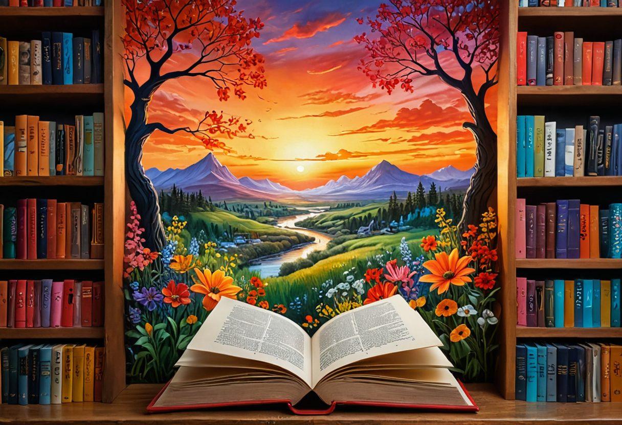 A vibrant bookshelf filled with colorful books, each labeled with different adjectives like 'vivid', 'enigmatic', 'delicate', and 'fiery'. In the foreground, a pair of hands is holding an open book with flowing, glowing words leaping off the pages, symbolizing creativity and expression. The background features a whimsical landscape that reflects the essence of the adjectives - like a fiery sunset and a delicate flower garden. super-realistic. bright colors. dynamic composition.