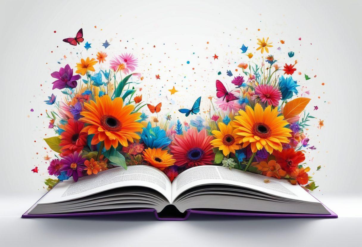 A colorful collage of various adjectives represented through dynamic visual elements, such as vivid flowers symbolizing 'beautiful,' bold geometric shapes for 'strong,' and shimmering stars for 'brilliant.' The background features an open book with glowing text, illustrating the power of language. Infuse the scene with a sense of creativity and linguistic exploration. vibrant colors. vector art. white background.